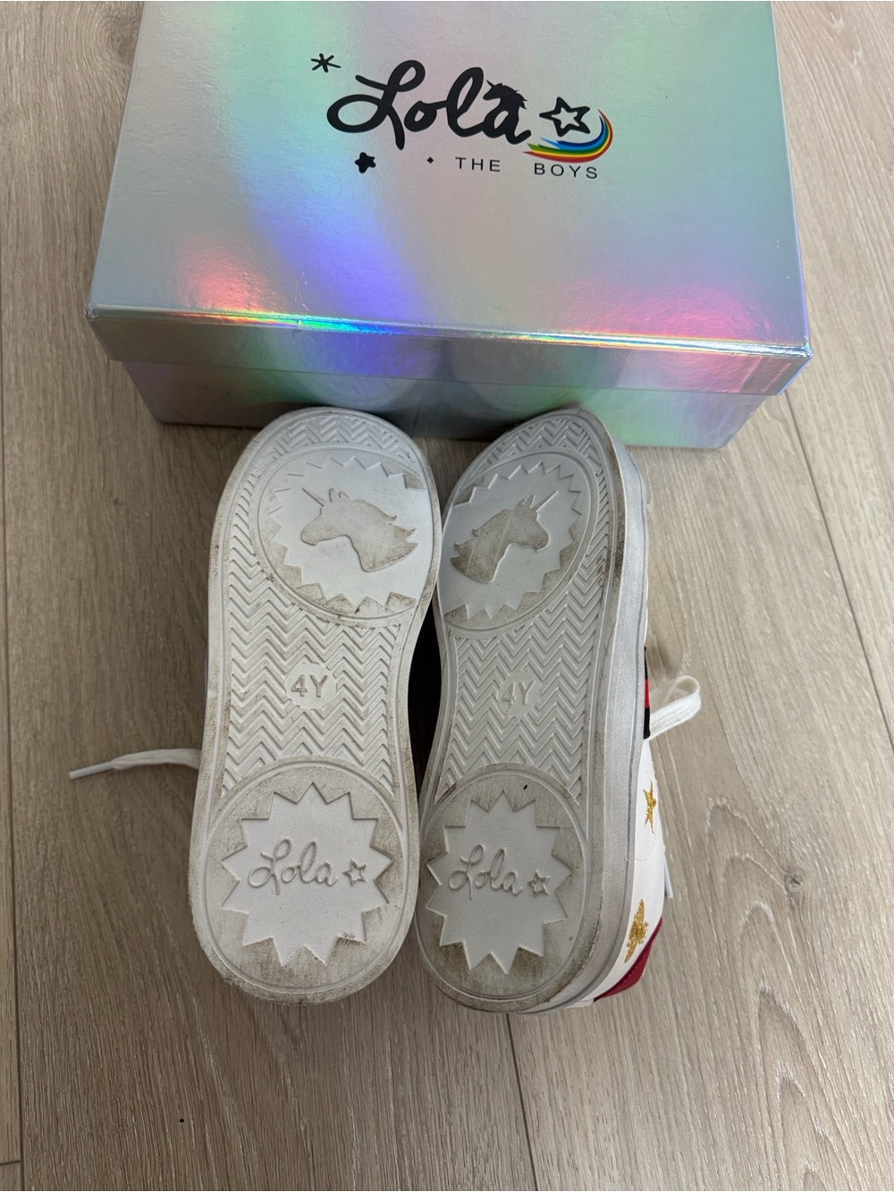 Lola + The Boys White Sneakers with Red & Black Stripe and Gold Bee - Picture 6 of 6